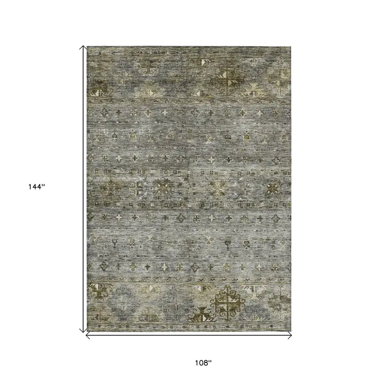 9' X 12' Pewter And Gray Floral Washable Indoor Outdoor Area Rug