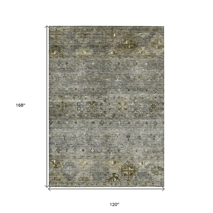 10' X 14' Pewter And Gray Floral Washable Indoor Outdoor Area Rug