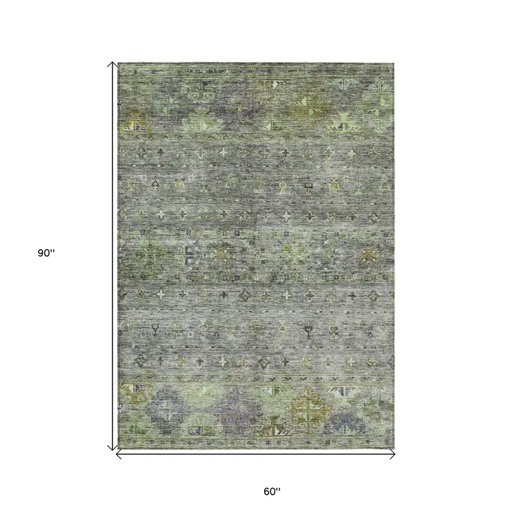 5' X 8' Sage And Gray Floral Washable Indoor Outdoor Area Rug