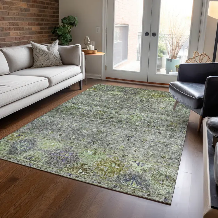 5' X 8' Sage And Gray Floral Washable Indoor Outdoor Area Rug