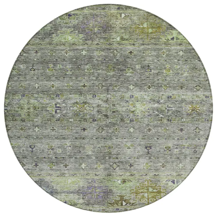 8' Sage And Gray Round Floral Washable Indoor Outdoor Area Rug