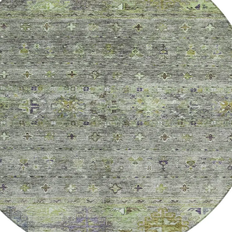 8' Sage And Gray Round Floral Washable Indoor Outdoor Area Rug