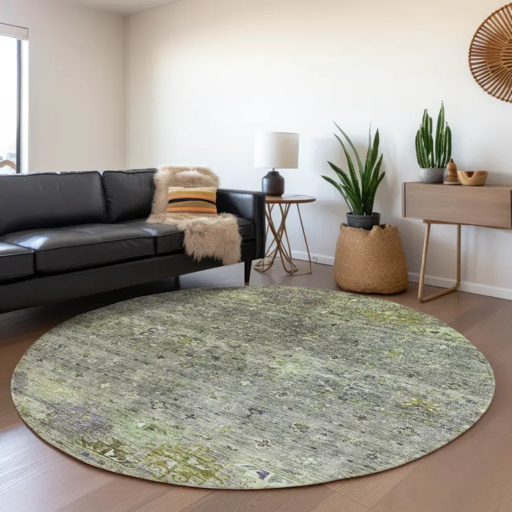 8' Sage And Gray Round Floral Washable Indoor Outdoor Area Rug