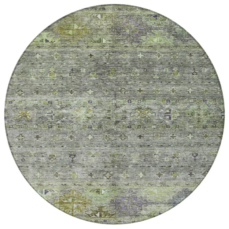 8' Sage And Gray Round Floral Washable Indoor Outdoor Area Rug