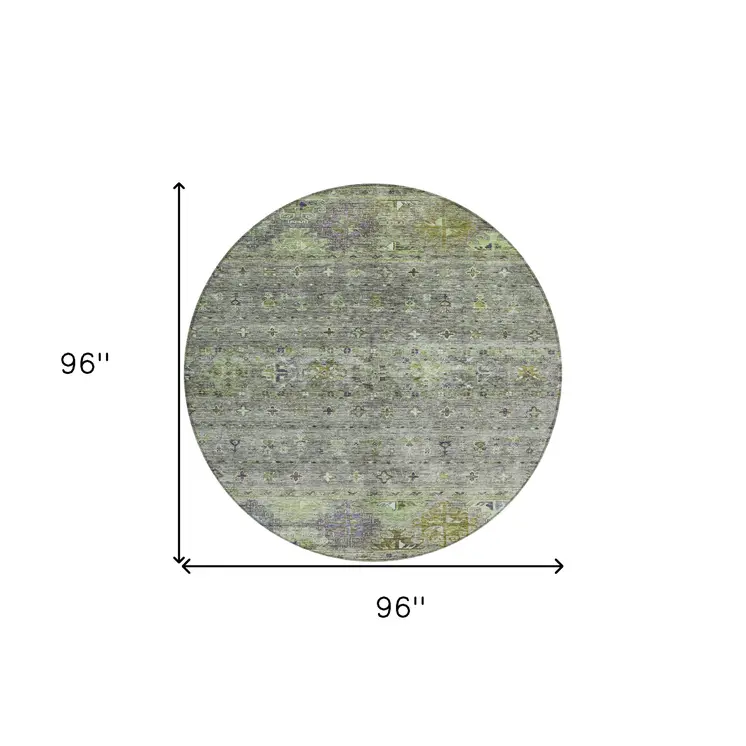 8' Sage And Gray Round Floral Washable Indoor Outdoor Area Rug