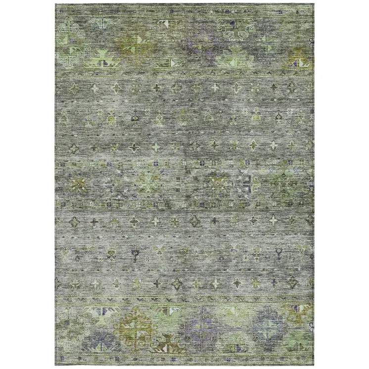 8' X 10' Sage And Gray Floral Washable Indoor Outdoor Area Rug