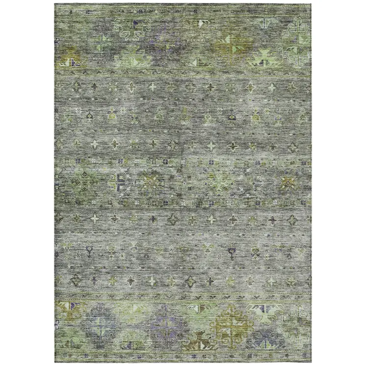 8' X 10' Sage And Gray Floral Washable Indoor Outdoor Area Rug