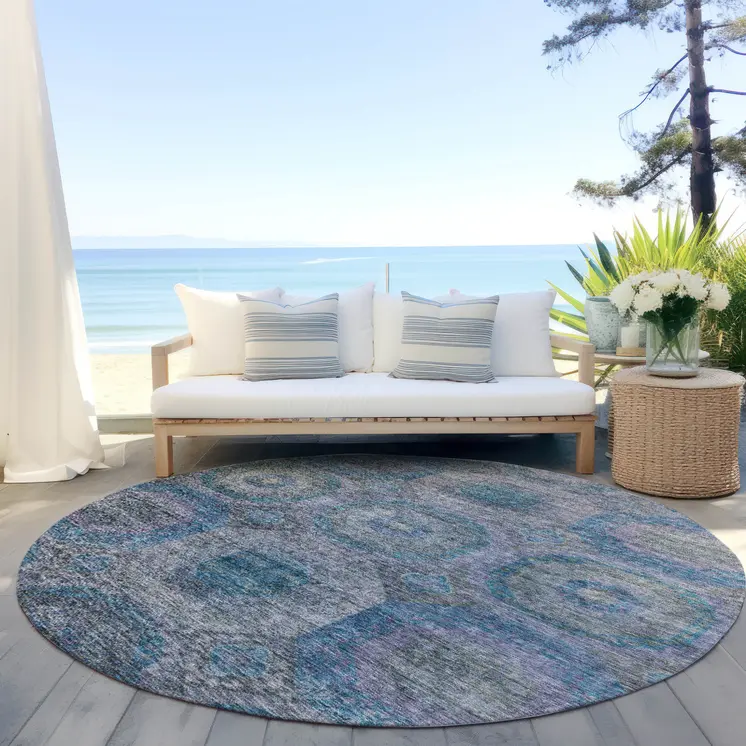 8' Blue And Gray Round Geometric Washable Indoor Outdoor Area Rug