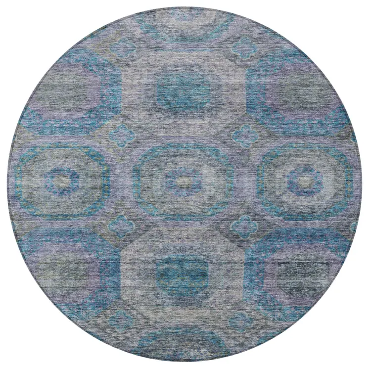 8' Blue And Gray Round Geometric Washable Indoor Outdoor Area Rug