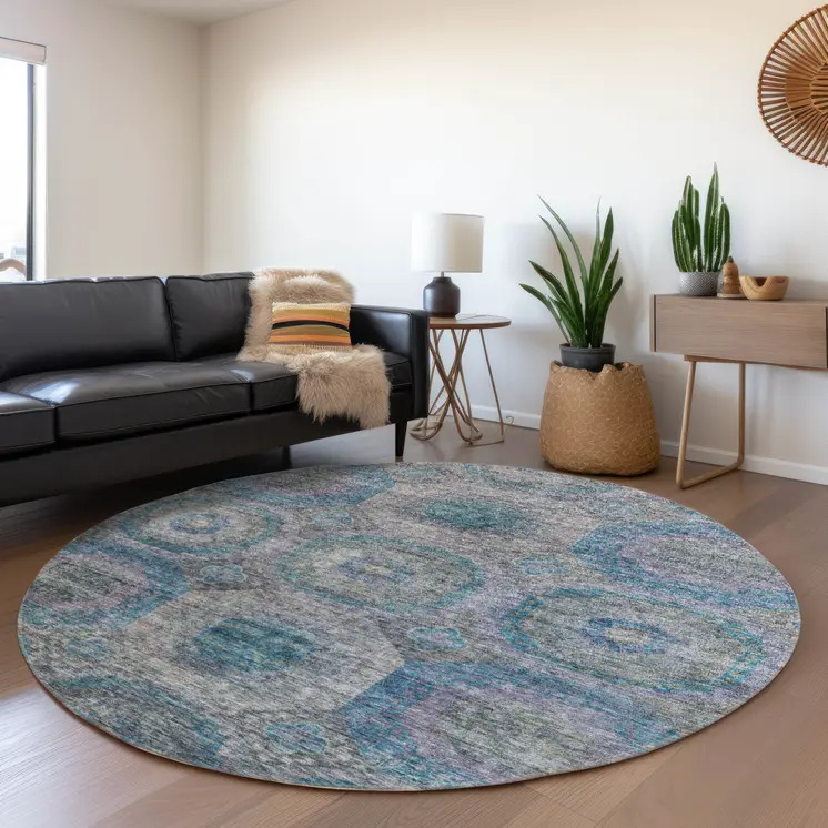 8' Blue And Gray Round Geometric Washable Indoor Outdoor Area Rug