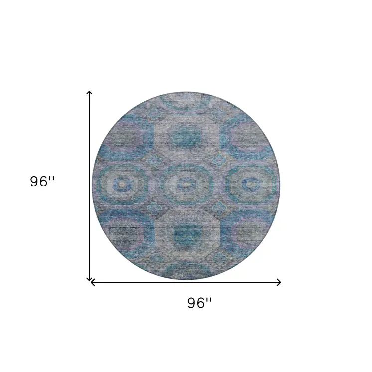 8' Blue And Gray Round Geometric Washable Indoor Outdoor Area Rug