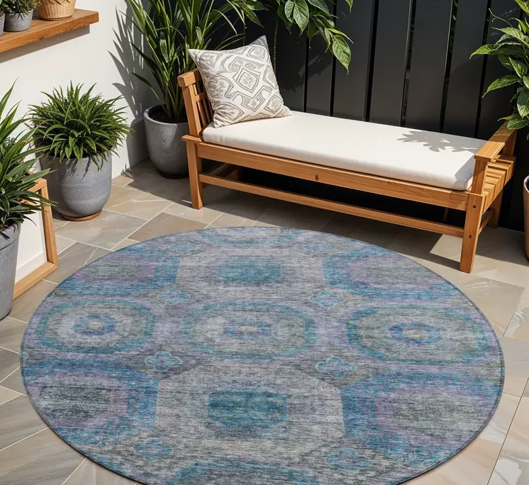 8' Blue And Gray Round Geometric Washable Indoor Outdoor Area Rug