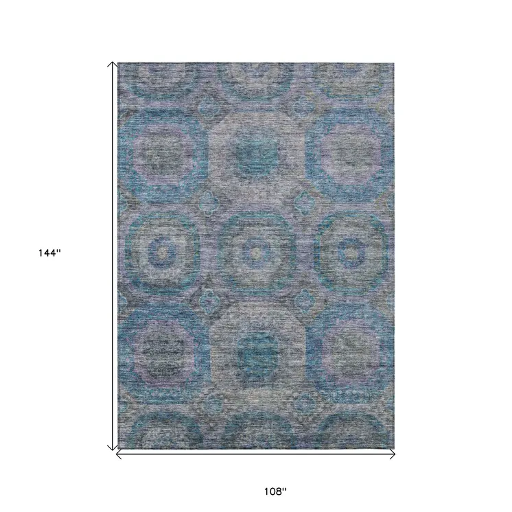 9' X 12' Blue And Gray Geometric Washable Indoor Outdoor Area Rug