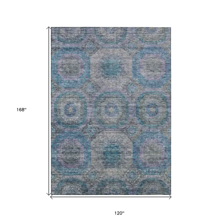 10' X 14' Blue And Gray Geometric Washable Indoor Outdoor Area Rug
