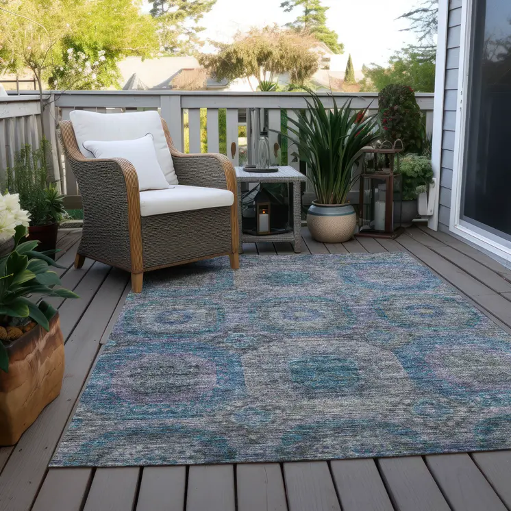 10' X 14' Blue And Gray Geometric Washable Indoor Outdoor Area Rug