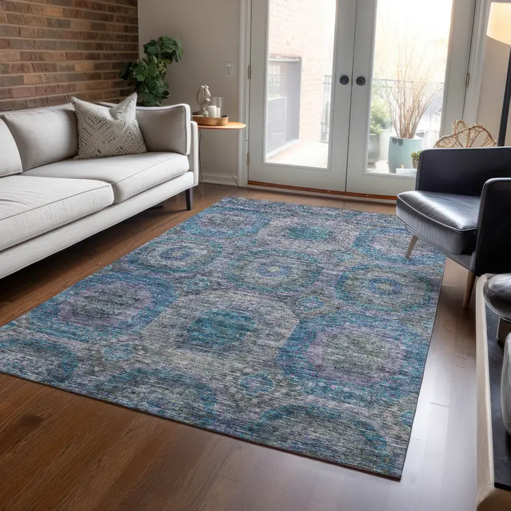 10' X 14' Blue And Gray Geometric Washable Indoor Outdoor Area Rug