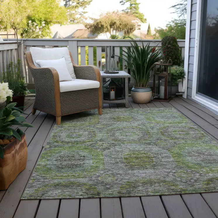 5' X 8' Olive Green And Gray Geometric Washable Indoor Outdoor Area Rug