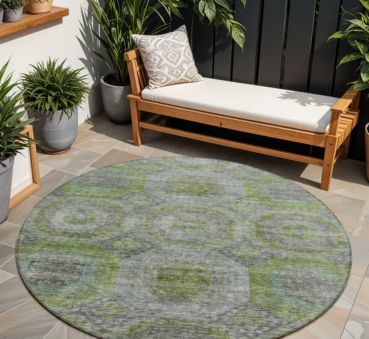 8' Olive Green And Gray Round Geometric Washable Indoor Outdoor Area Rug