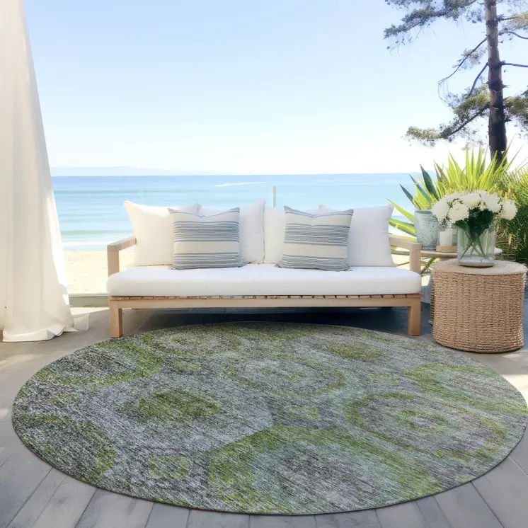 8' Olive Green And Gray Round Geometric Washable Indoor Outdoor Area Rug