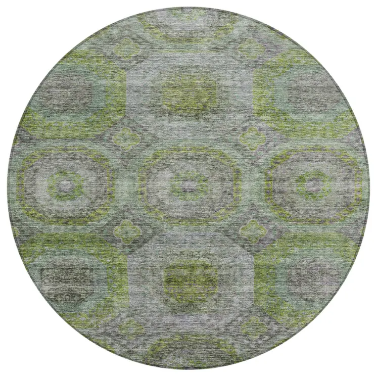 8' Olive Green And Gray Round Geometric Washable Indoor Outdoor Area Rug