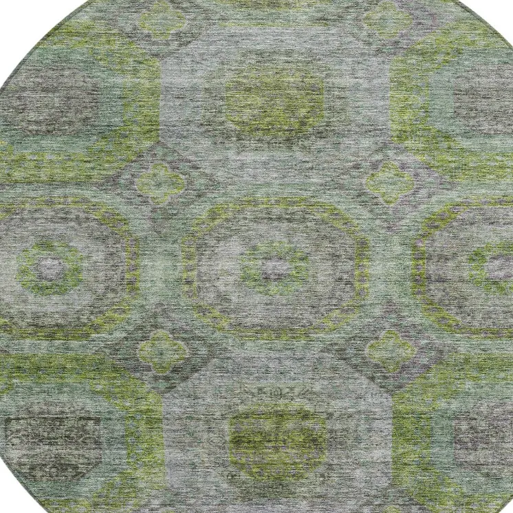 8' Olive Green And Gray Round Geometric Washable Indoor Outdoor Area Rug