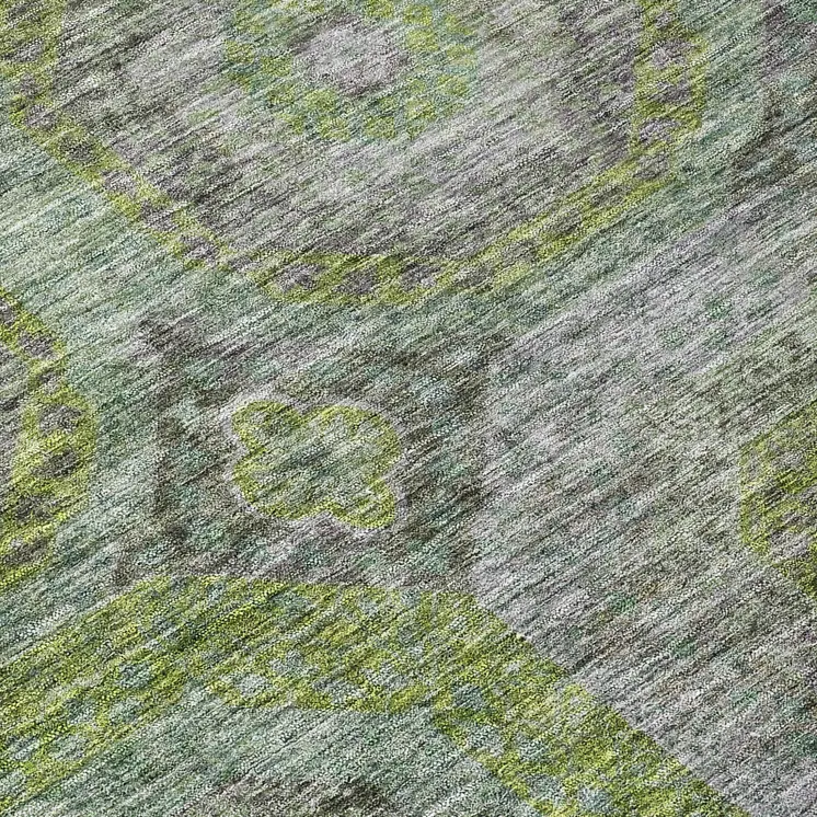 8' Olive Green And Gray Round Geometric Washable Indoor Outdoor Area Rug