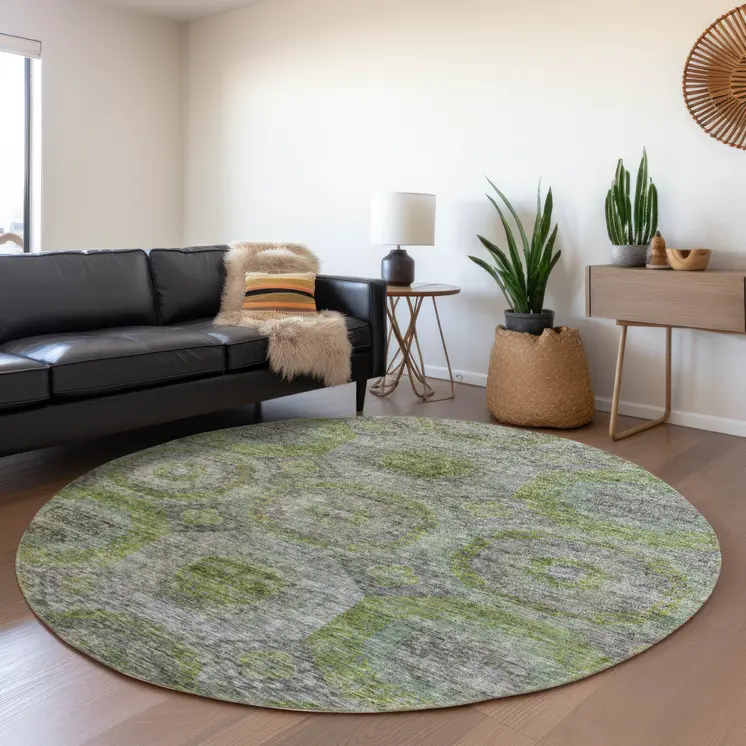 8' Olive Green And Gray Round Geometric Washable Indoor Outdoor Area Rug