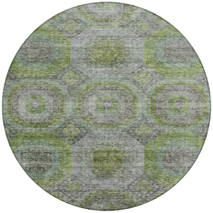 8' Olive Green And Gray Round Geometric Washable Indoor Outdoor Area Rug