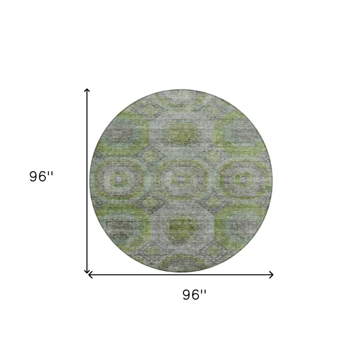8' Olive Green And Gray Round Geometric Washable Indoor Outdoor Area Rug