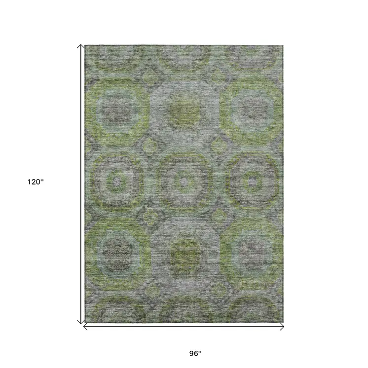 8' X 10' Olive Green And Gray Geometric Washable Indoor Outdoor Area Rug