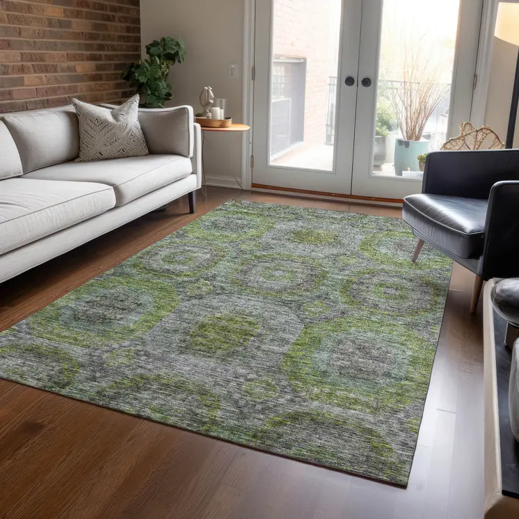 8' X 10' Olive Green And Gray Geometric Washable Indoor Outdoor Area Rug