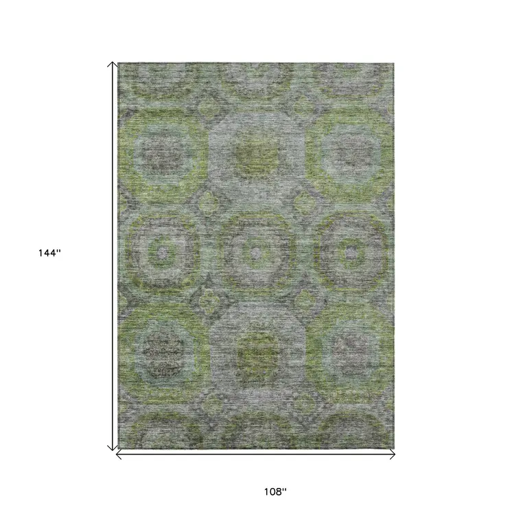 9' X 12' Olive Green And Gray Geometric Washable Indoor Outdoor Area Rug