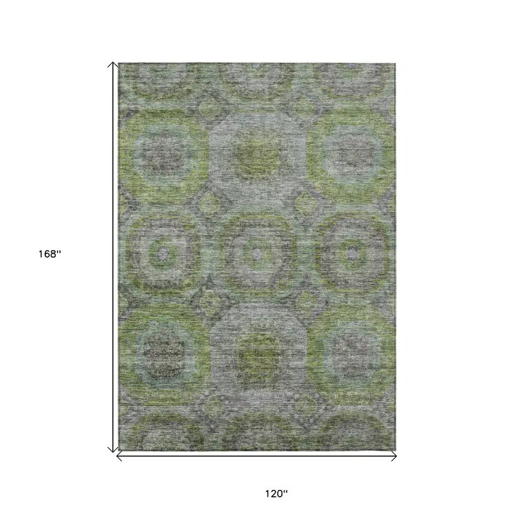 10' X 14' Olive Green And Gray Geometric Washable Indoor Outdoor Area Rug