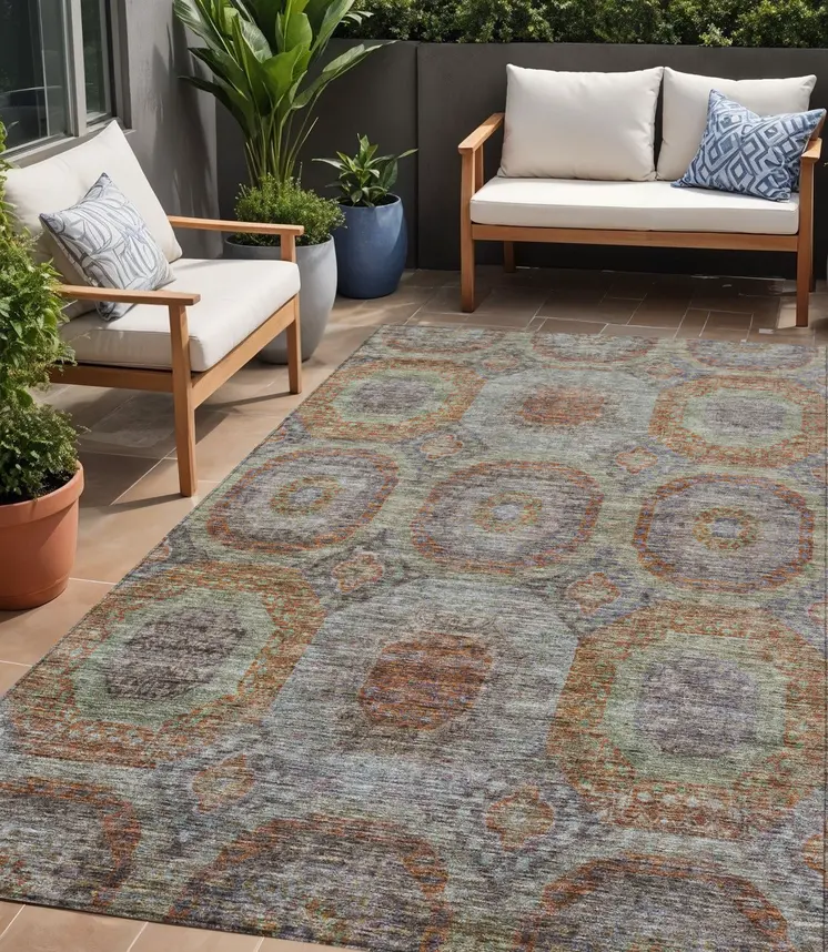 5' X 8' Copper Green And Gray Geometric Washable Indoor Outdoor Area Rug