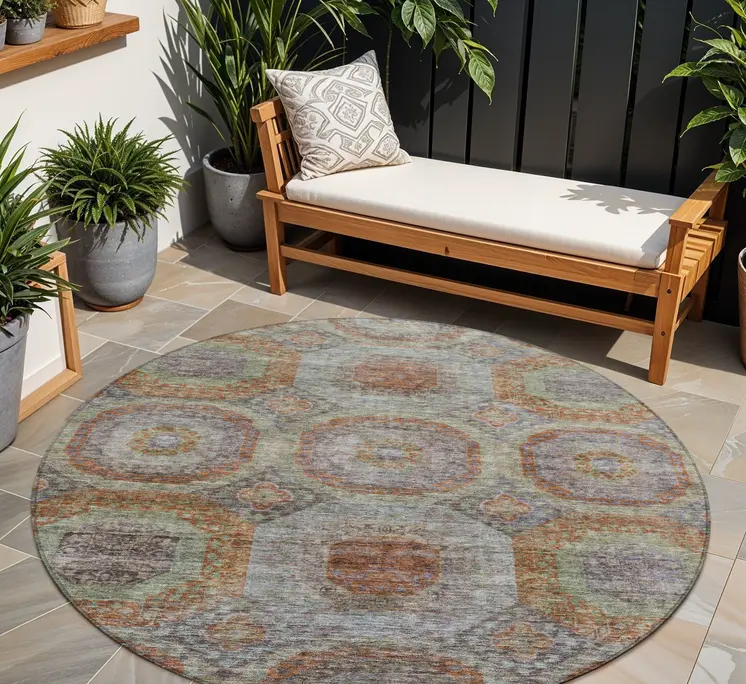 8' Copper Green And Gray Round Geometric Washable Indoor Outdoor Area Rug
