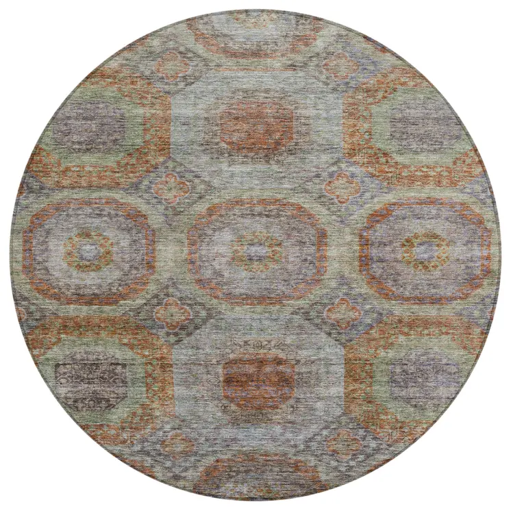8' Copper Green And Gray Round Geometric Washable Indoor Outdoor Area Rug