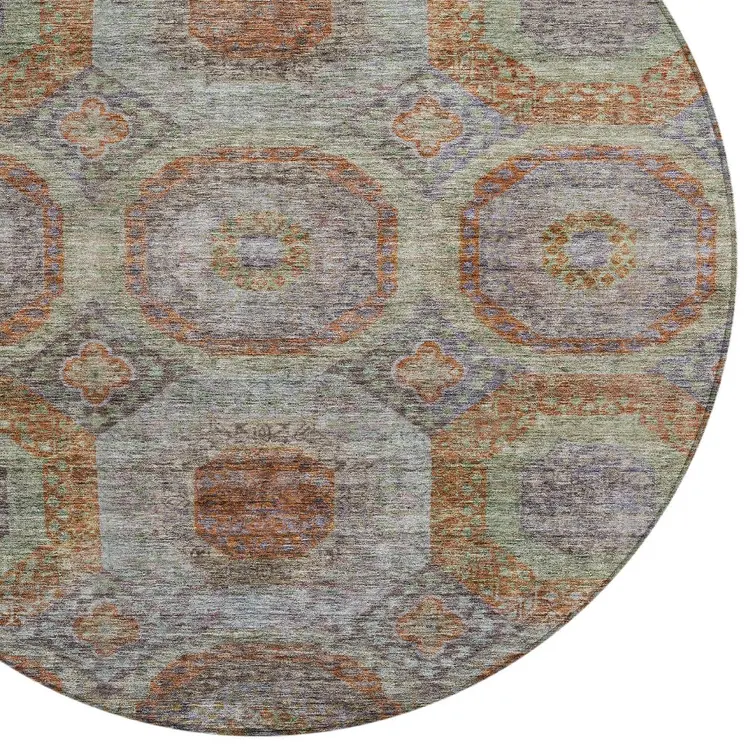 8' Copper Green And Gray Round Geometric Washable Indoor Outdoor Area Rug