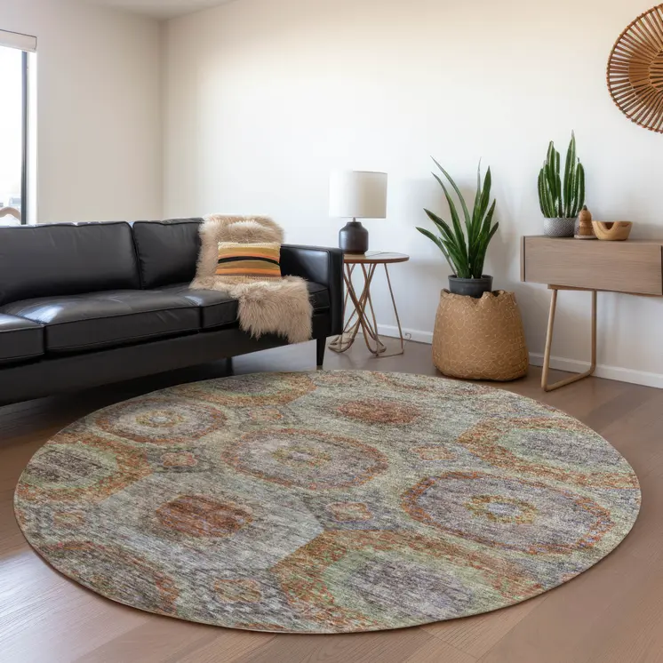 8' Copper Green And Gray Round Geometric Washable Indoor Outdoor Area Rug