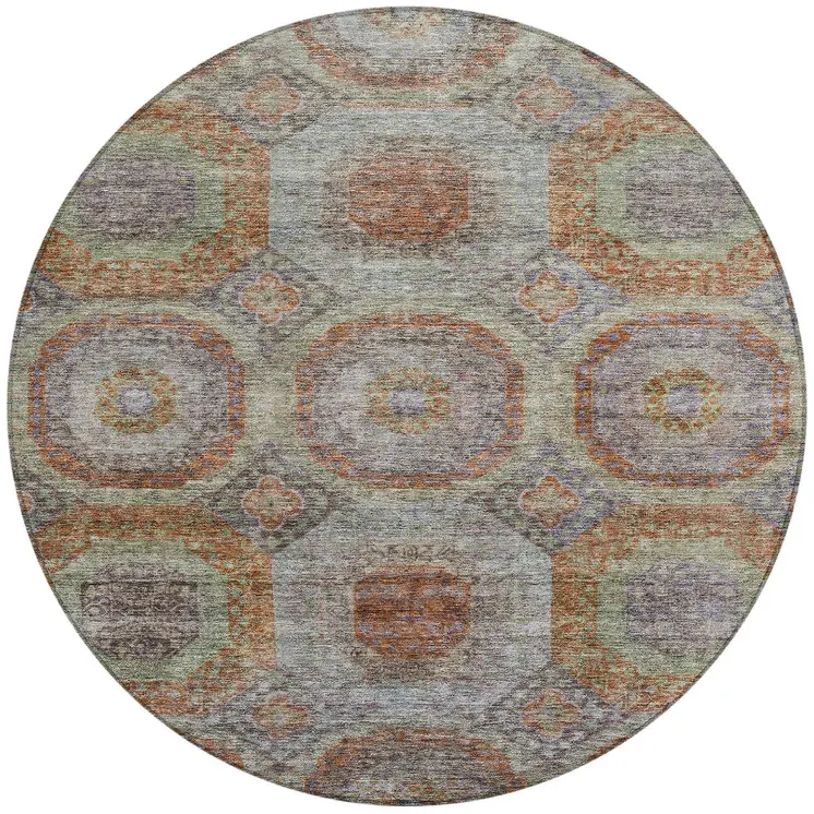 8' Copper Green And Gray Round Geometric Washable Indoor Outdoor Area Rug