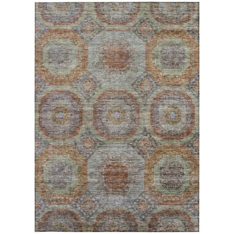 9' X 12' Copper Green And Gray Geometric Washable Indoor Outdoor Area Rug