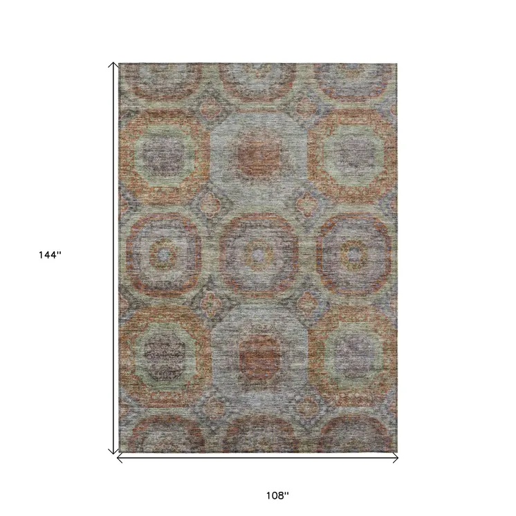9' X 12' Copper Green And Gray Geometric Washable Indoor Outdoor Area Rug