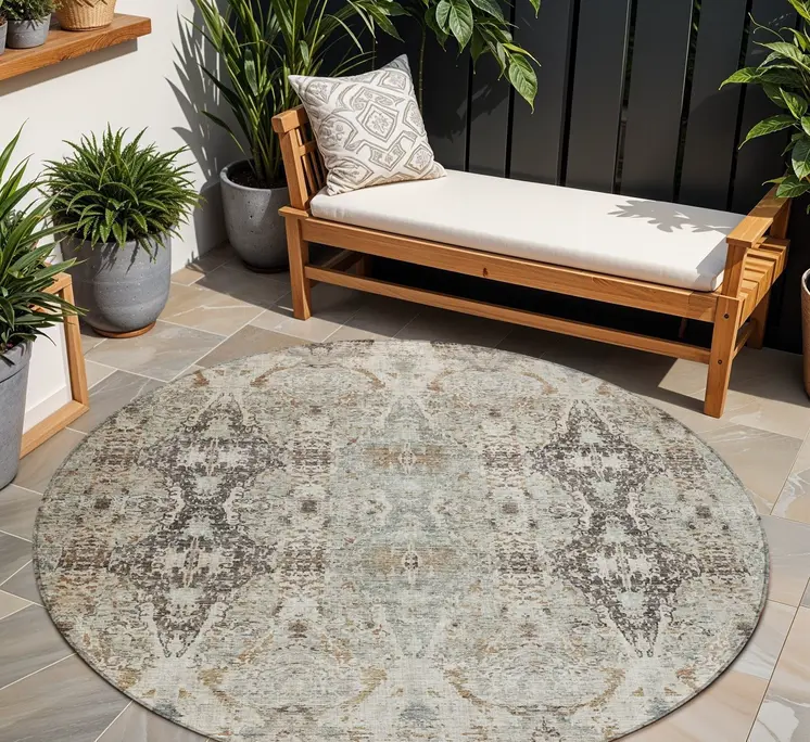 8' Linen Black And Brown Round Floral Washable Indoor Outdoor Area Rug