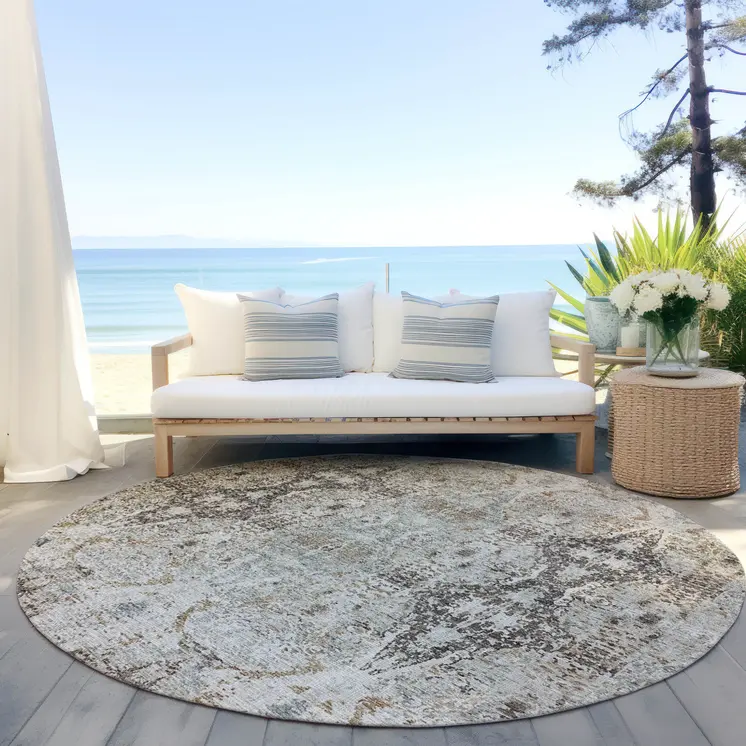 8' Linen Black And Brown Round Floral Washable Indoor Outdoor Area Rug