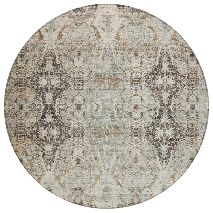 8' Linen Black And Brown Round Floral Washable Indoor Outdoor Area Rug