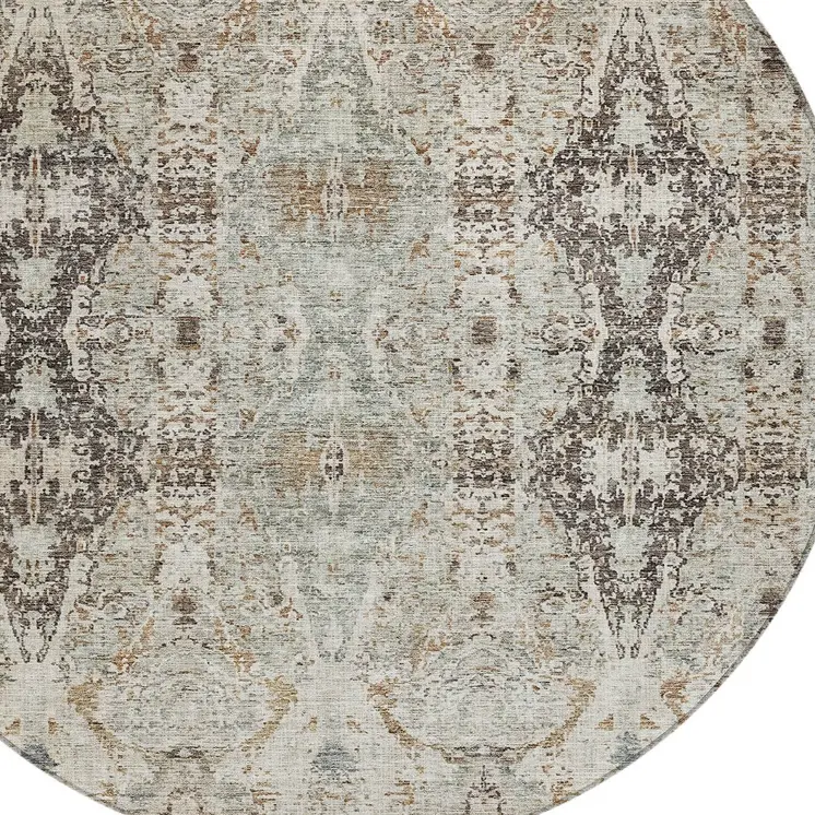 8' Linen Black And Brown Round Floral Washable Indoor Outdoor Area Rug
