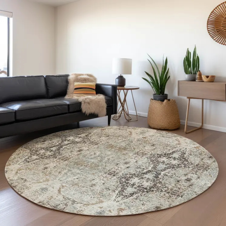 8' Linen Black And Brown Round Floral Washable Indoor Outdoor Area Rug