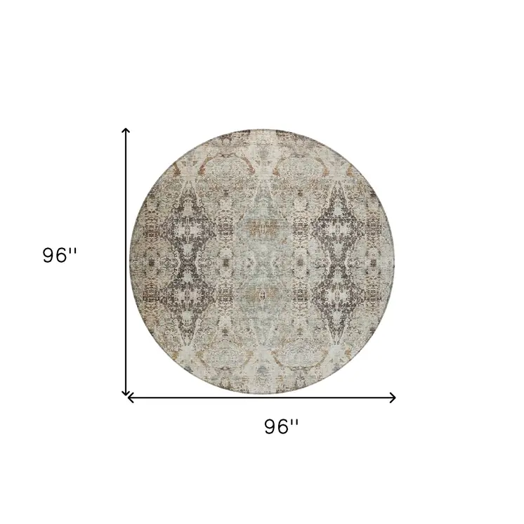 8' Linen Black And Brown Round Floral Washable Indoor Outdoor Area Rug