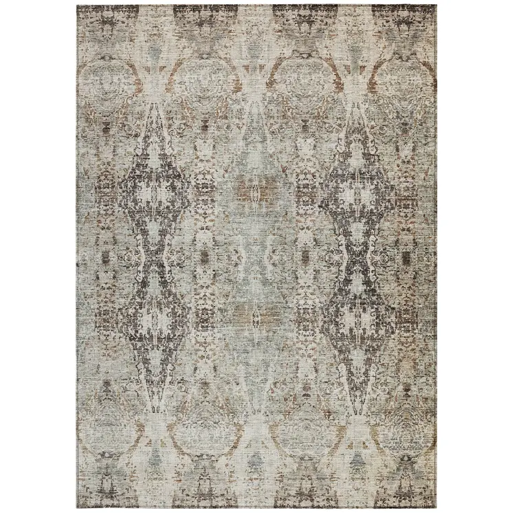 8' X 10' Linen Black And Brown Floral Washable Indoor Outdoor Area Rug