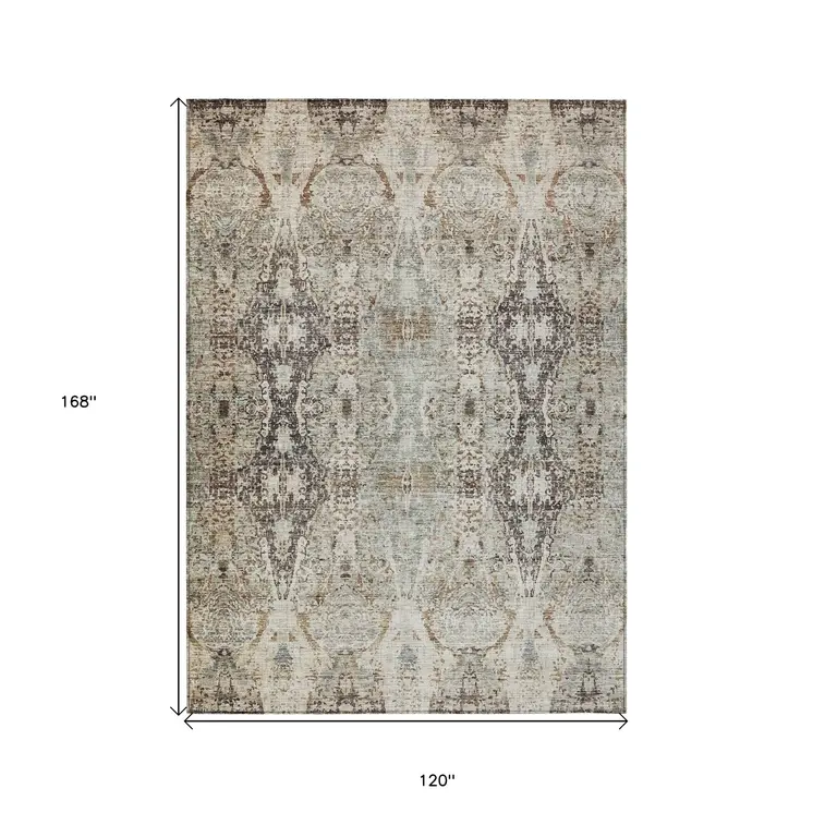 10' X 14' Linen Black And Brown Floral Washable Indoor Outdoor Area Rug