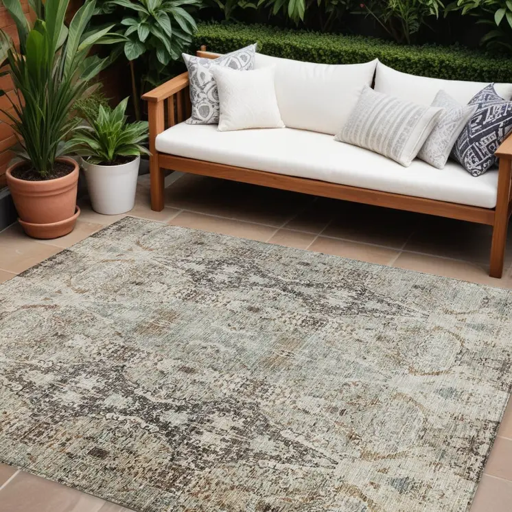 10' X 14' Linen Black And Brown Floral Washable Indoor Outdoor Area Rug